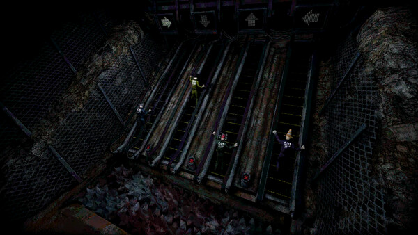 Machine Party official screenshot: 4 players racing up conveyor stairs over a pit of hazards
